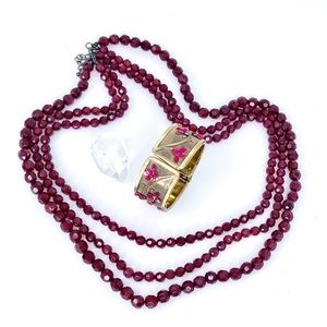Vintage Ruby Acrylic Beaded 3 Strand Necklace & Coordinating Floral Bracelet
